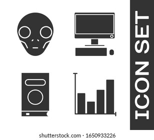 Set Pie chart infographic, Extraterrestrial alien face, Book and Computer monitor with keyboard and mouse icon. Vector