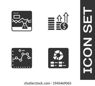 Establecer infografía de gráfico circular, mercado de acciones de fallo, navegador con crecimiento e icono Financiero y dólar. Vector