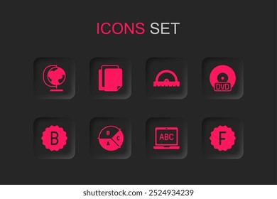 Set Pie chart infographic, File document, Earth globe, Laptop, CD or DVD disk, Exam paper with incorrect answers, Protractor grid and  icon. Vector