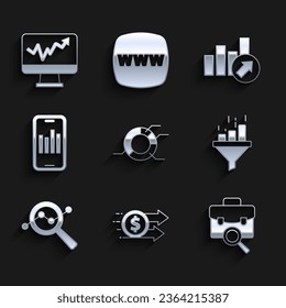 Set Pie chart infographic, Financial growth dollar, Work search, Sales funnel with, Search data analysis, Mobile,  and Monitor icon. Vector
