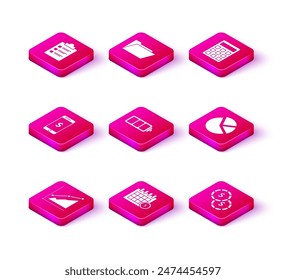 Gráfico circular, Calendario financiero, Smartphone con símbolo de Recargo, Indicador de nivel de batería, Moneda, Calculadora e Icono de carpeta de documentos. Vector
