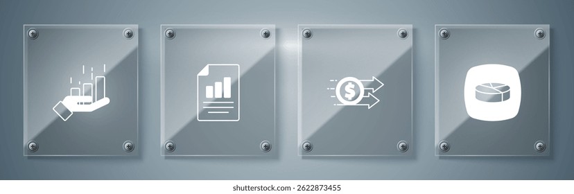 Establecer infografía de gráfico circular, Dólar de crecimiento financiero, Documento con y . Paneles de vidrio cuadrados. Vector