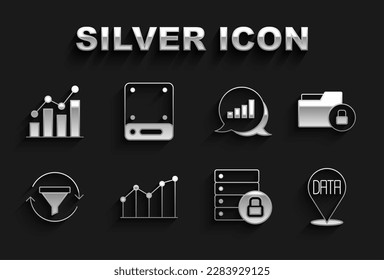 Set Pie chart infographic, Folder and lock, Data analysis, Server security with padlock, Sales funnel,  and  icon. Vector