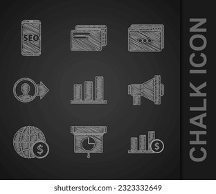 Set Pie chart infographic, Graph, chart, diagram,, and dollar, Megaphone, Earth globe with, Job promotion, Website template and Mobile SEO optimization icon. Vector
