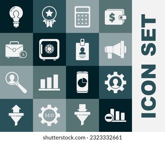 Set Pie chart infographic, Human with gear inside, Megaphone, Calculator, Safe, Briefcase and money, Light bulb concept of idea and Identification badge icon. Vector