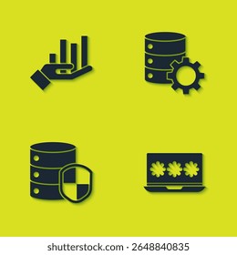 Set Pie chart infographic, Laptop with password, Server shield and and gear icon. Vector