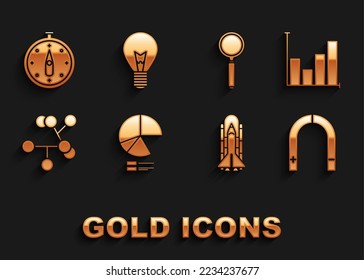 Set Pie Diagramm Infografik, Magnet, Space Shuttle und Raketen, Molecule, Magnifying Glas, Compass und Glühbirne mit Konzept der Idee Symbol. Vektorgrafik