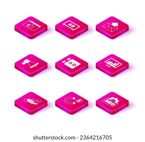 Set Pie chart infographic, Magnet with money, Megaphone, Advertising, SEO optimization, Monitor, Mail and e-mail and  icon. Vector