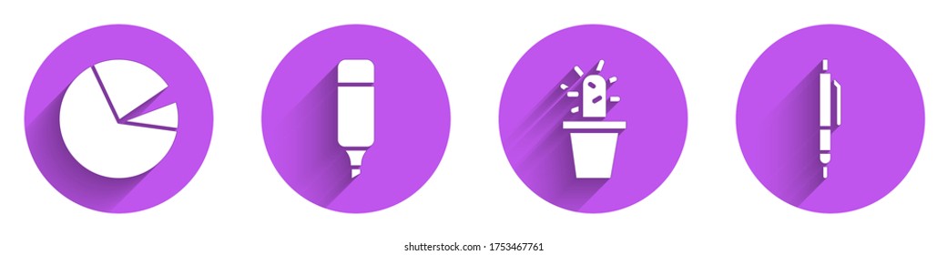 Set Pie chart infographic, Marker pen, Cactus and succulent in pot and Pen icon with long shadow. Vector