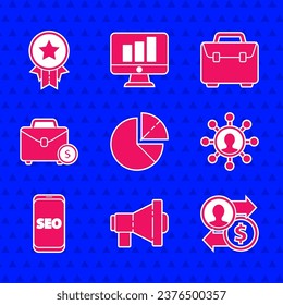 Set Pie chart infographic, Megaphone, Job promotion exchange money, Business network and communication, Mobile SEO optimization, Briefcase,  and Medal with star icon. Vector
