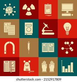 Set Pie Diagramm Infografik, Molecule, Glühbirne mit Konzept der Idee, Clipboard-Dokument, Buch, Pillen Blisterpackung, Bacteria und Microscope Symbol. Vektorgrafik