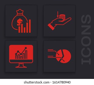 Set Pie chart infographic, Money bag and diagram graph, Money on hand and Computer monitor with graph chart icon. Vector