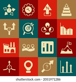 Set Pie chart infographic, Mountains with flag, Percent up arrow, Target, Arrow, Many ways directional and  icon. Vector