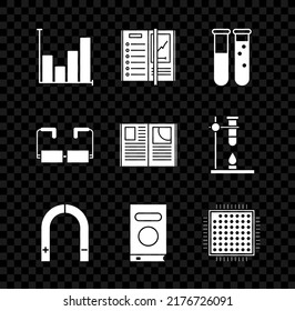 Set Pie chart infographic, Notebook, Test tube and flask chemical laboratory, Magnet, Book, Processor, Glasses and Open icon. Vector - Powered by Shutterstock - Get 15% off with code: PIKWIZARD15