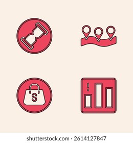 Set Pie chart infographic, Old hourglass with sand, Location and Shopping bag Sale icon. Vector
