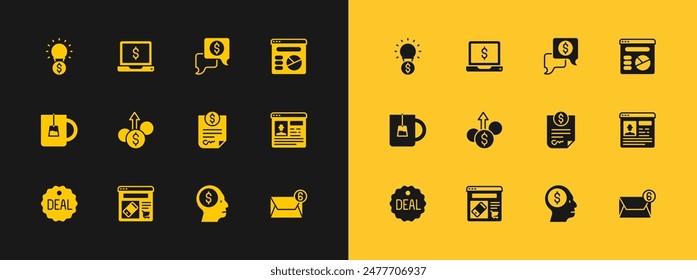 Set Pie chart infographic, Online shopping on screen, Contract money, Business man planning mind, Financial growth dollar, negotiations, Light bulb with and Laptop icon. Vector