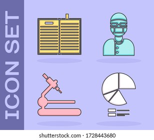 Set Pie chart infographic, Open science book, Microscope and Assistant icon. Vector