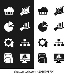 Set Pie chart infographic, Password protection, Arrow growth gear, Hierarchy organogram, Monitor with exclamation mark and Server, Data, Web Hosting icon. Vector