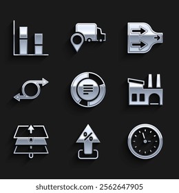 Set Pie chart infographic, Percent up arrow, Clock, Factory, Layers, Arrow,  and Graph, chart, diagram icon. Vector