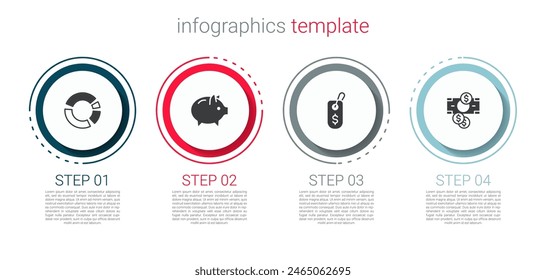 Set Pie Chart Infografik, Sparschwein, Preis Tag mit Dollar und Stapel Papiergeld Bargeld. In: Business Infographic Vorlage. Vektorgrafik