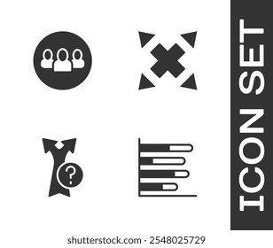 Set Pie chart infographic, Project team base, Arrow and Many ways directional arrow icon. Vector