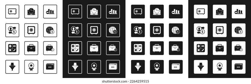 Set Pie chart infographic, Safe, Job promotion exchange money, Earth globe with dollar, Laptop, Briefcase and and Calculator icon. Vector