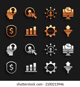Set Pie Diagramm Infografik, Sales-Funnel Pfeile, Seo Tag Getriebe-Rad, Shield-Dollar, Business-Netzwerk und Kommunikation, Human Head-Frage-Zeichen und User of Business Anzug Symbol. Vektorgrafik