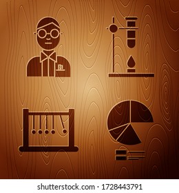 Set Pie chart infographic, Scientist, Pendulum and Glass test tube flask on fire heater on wooden background. Vector