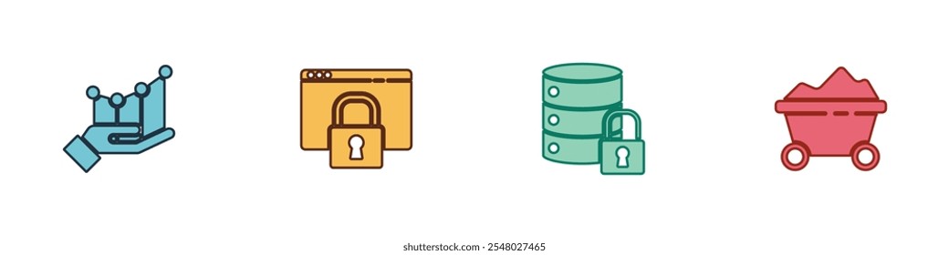 Set Pie chart infographic, Secure your site with HTTPS, SSL, Server security lock and Coal mine trolley icon. Vector