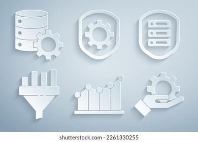 Set Pie chart infographic, Server with shield, Sales funnel, Hand settings gear, Shield and  icon. Vector