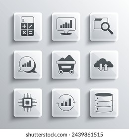 Set Pie chart infographic, Server, Cloud download and upload, Coal mine trolley, Processor CPU, Calculator and Search with folder icon. Vector