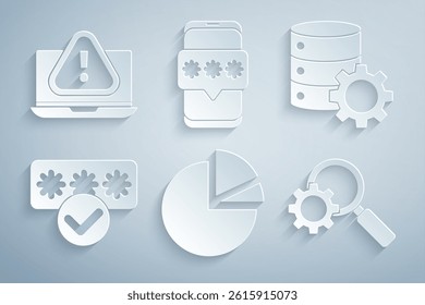 Set Pie chart infographic, Server and gear, Password protection, Magnifying glass, Mobile password and Laptop with exclamation mark icon. Vector