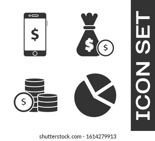 Set Pie chart infographic, Smartphone with dollar symbol, Coin money with dollar symbol and Money bag and coin icon. Vector