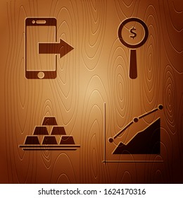 Set Pie chart infographic, Smartphone, mobile phone, Gold bars and Magnifying glass and dollar symbol on wooden background. Vector