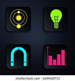 Set Pie chart infographic, Solar system, Magnet and Light bulb with concept of idea. Black square button. Vector