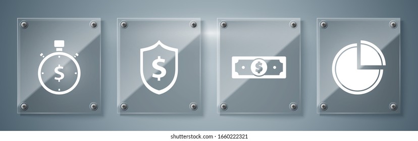 Set Pie chart infographic, Stacks paper money cash, Shield with dollar symbol and Time is money. Square glass panels. Vector
