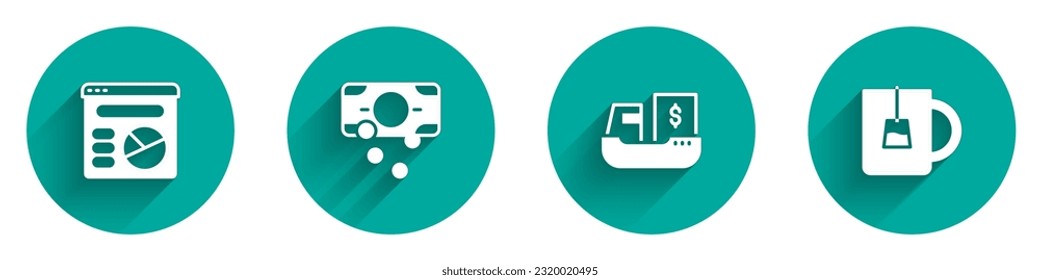 Set Pie chart infographic, Stacks paper money cash, Cargo ship with boxes delivery and Cup of tea icon with long shadow. Vector