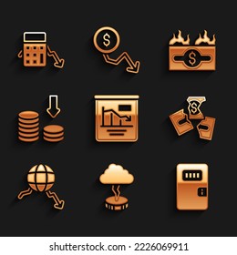Set Pie chart infographic, Storm, Prison cell door, Tearing money banknote, Global economic crisis, Dollar rate decrease, Burning dollar bill and Calculation of expenses icon. Vector