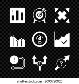 Set Pie chart infographic, Target, Many ways directional arrow, Arrow,  and Digital speed meter icon. Vector