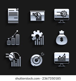 Set Pie chart infographic, Target, Computer monitor with, Money bag, and coin,  and Document icon. Vector