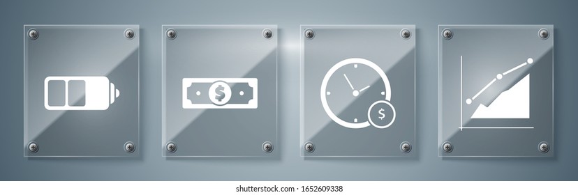 Establecer infografía de gráfico circular, El tiempo es dinero, Acumula dinero en papel y el indicador del nivel de carga de la batería. Paneles de vidrio cuadrado. Vector