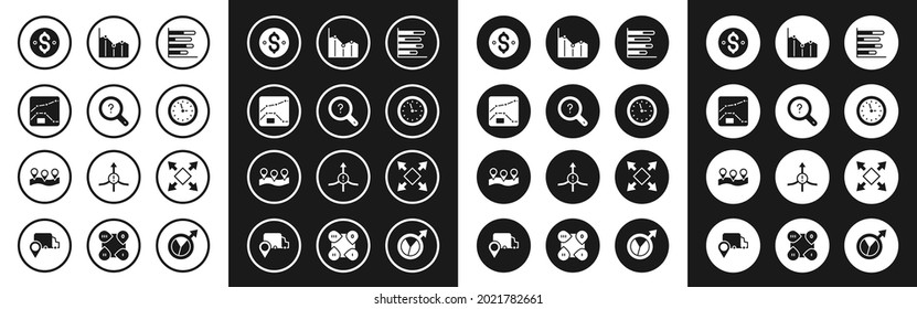 Set Pie chart infographic, Unknown search, Graph, chart, diagram, Dollar symbol, Clock, Many ways directional arrow and Location icon. Vector