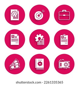 Set Pie chart infographic, User manual, Safe and money, Clipboard with resume, Stacks paper cash, Resume, Briefcase and Document icon. Vector
