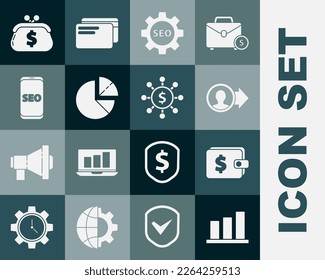 Set Pie chart infographic, Wallet with dollar, Job promotion, Seo tag gear wheel, Mobile phone SEO optimization,  and Dollar, share, network icon. Vector