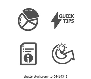 Set of Pie chart, Quickstart guide and Technical info icons. Share idea sign. Presentation graph, Lightning symbol, Documentation. Solution.  Classic design pie chart icon. Flat design. Vector