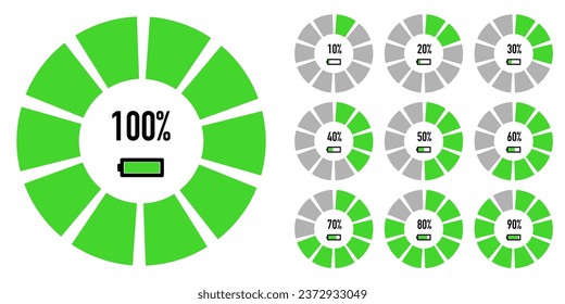 Set of a pie chart showing the percentage of energy consumption. Set of pie charts from 10 to 100 percent. Set of green pie charts. Infographic elements. Vector illustration.