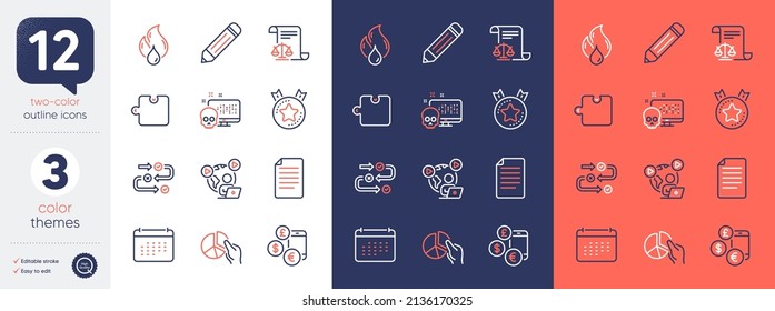 Set of Pie chart, Survey progress and Pencil line icons. Include Cyber attack, File, Video conference icons. Legal documents, Calendar, Puzzle web elements. Currency rate, Flammable fuel. Vector