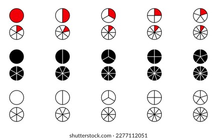 Set of pie chart vector icons. Segments on circle with 1 to 10 piece. Colored round diagram. Divided circle on sections.