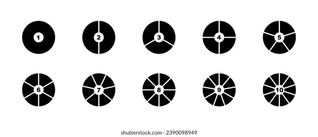 Set of pie chart vector icons. Segments on circle with 1 to 10 piece. Black round diagram.