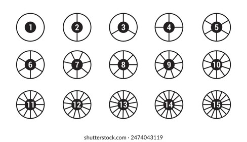 Set of pie chart vector icons. Segments on circle with 1 to 15 piece. Black round diagram. Circles with sections set, black pie charts with divisions, diagram collection,